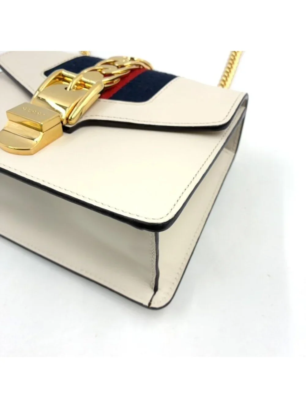 Gucci Sylvie Mini Canvas Calfskin Off White Navy Red Chain Shoulder Bag Gold